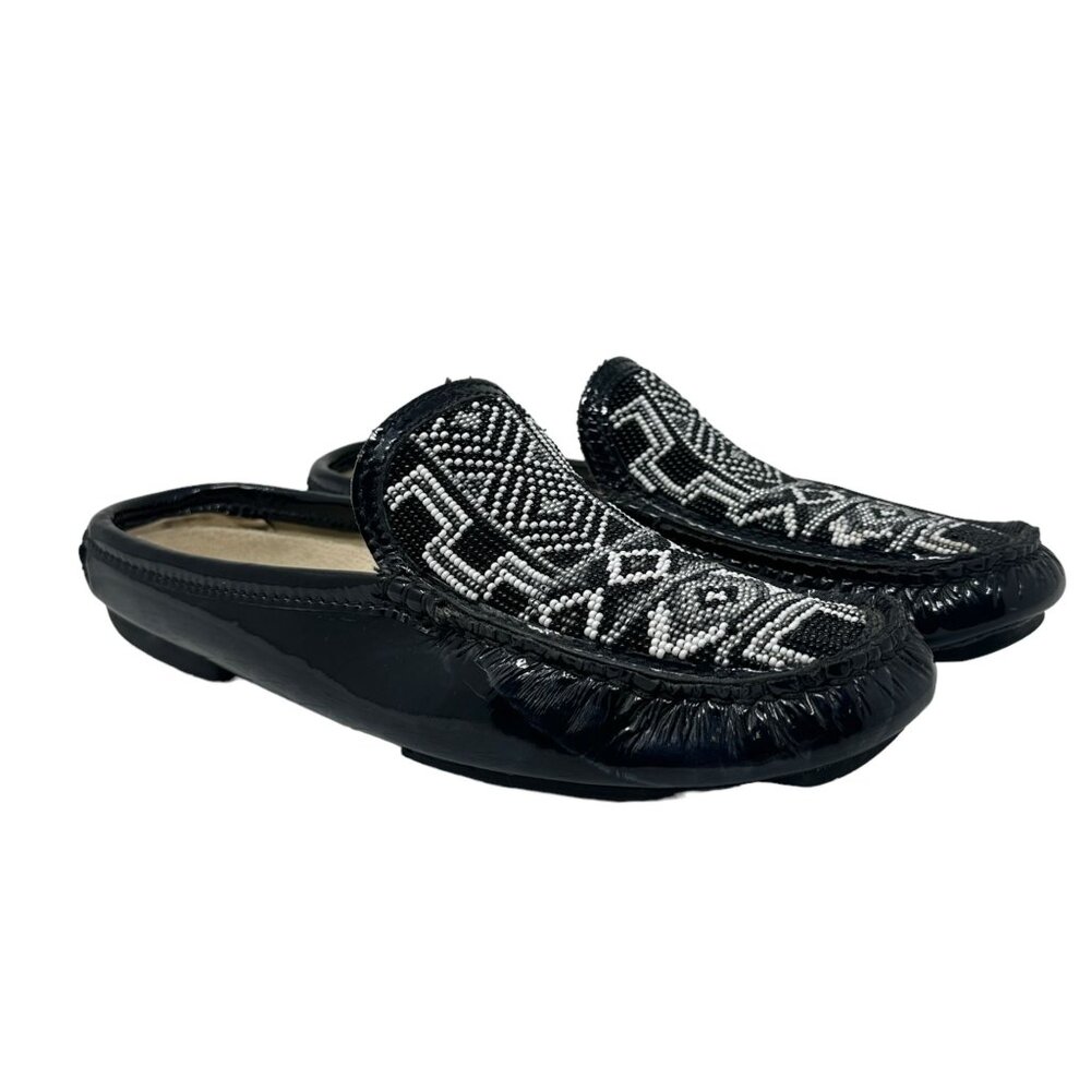 Donald Pilner Patent Leather Slides Mules 6.5M Black Shoes Beaded Native Pattern